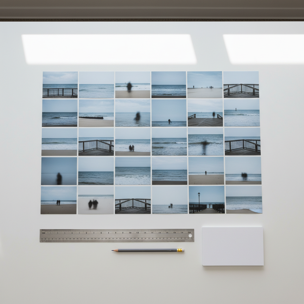 A structured grid of printed photographs laid out on a smooth, matte white tabletop, each print featuring minimalist seascapes and Jersey Shore boardwalk scenes in muted blues and grays. A slim metal ruler, a graphite pencil, and a small stack of blank photo paper sit precisely aligned along one edge, hinting at curation and editing. Soft, diffused daylight from an unseen window above evenly illuminates the scene, casting barely-there shadows and emphasizing clean lines. Captured from a top-down, bird’s-eye perspective, the image has sharp focus throughout, creating a sense of order and deliberation. The atmosphere is methodical and reflective, with a clean, modern, corporate aesthetic ideal for illustrating a photography portfolio planning process.