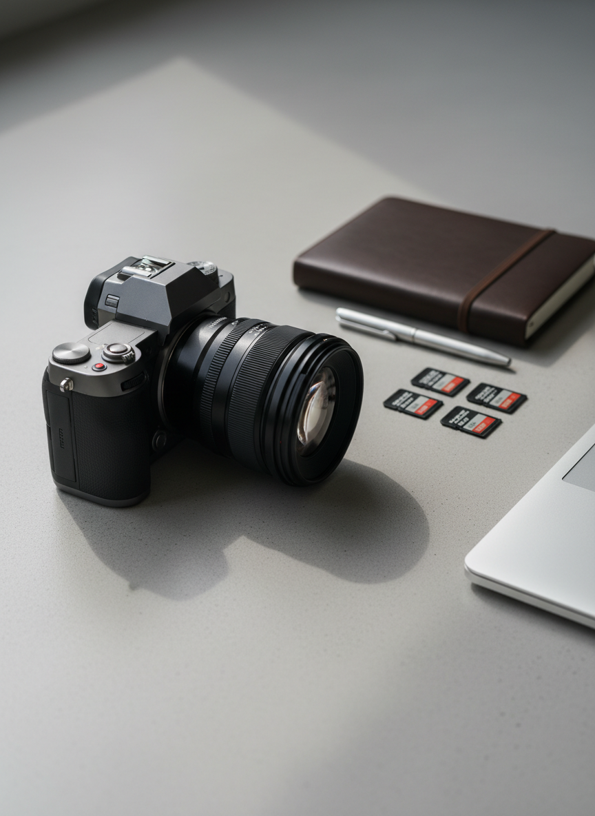 A sleek mirrorless camera body with a brushed metal finish and a professional zoom lens attached, resting diagonally on a clean, light gray concrete surface. Around it, neatly arranged SD cards, a closed leather-bound notebook, and a slim laptop partially visible at the edge of the frame suggest a photographer’s workflow. Soft overcast window light from the left creates gentle, controlled shadows and subtle reflections along the camera’s edges, emphasizing its precise engineering. The composition follows the rule of thirds with a shallow depth of field, keeping the camera in razor-sharp focus while the background fades into a smooth bokeh. The mood is calm, organized, and corporate, with a neutral color palette and photographic realism that suits a professional photography blog header.