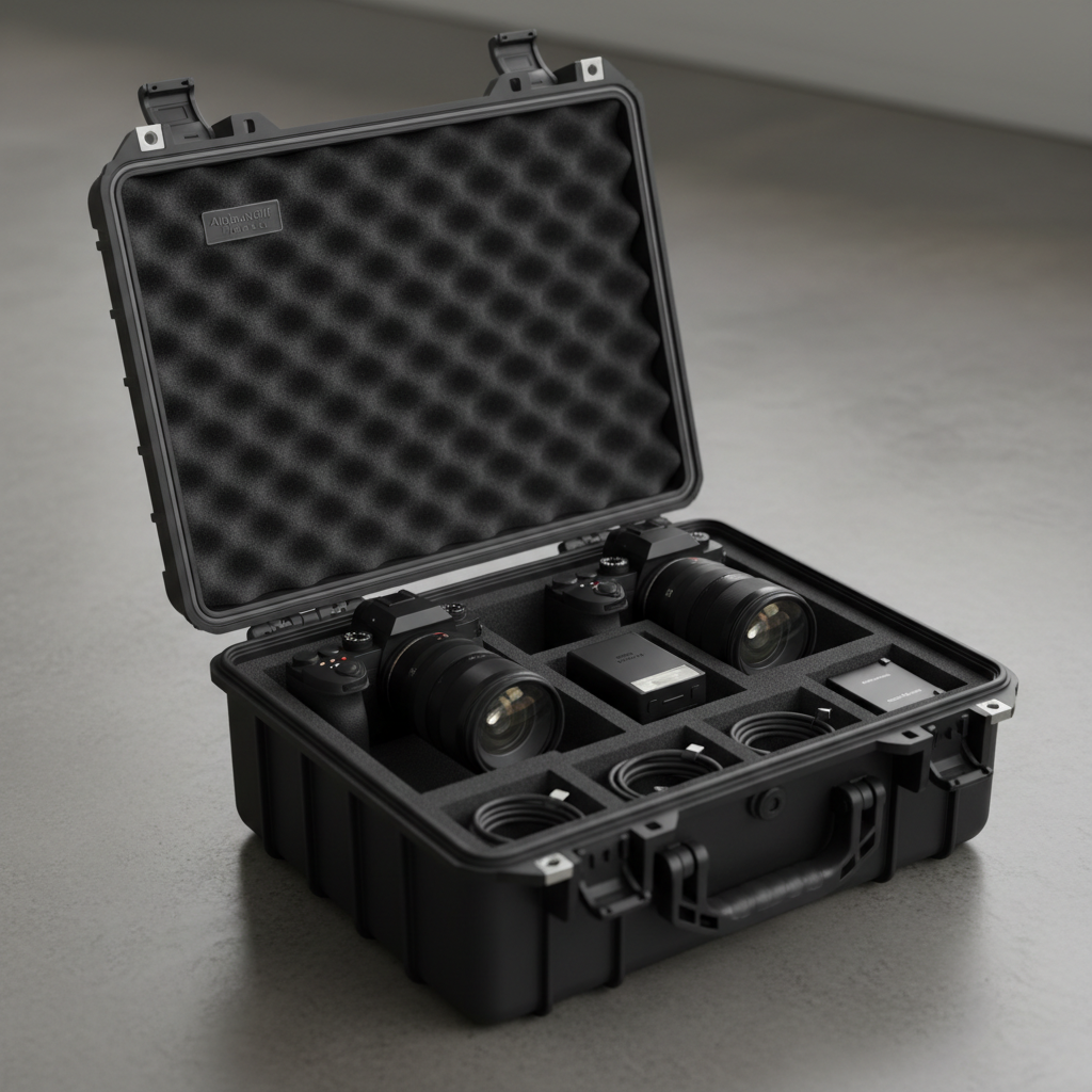 A tidy equipment case with custom foam cutouts, opened to reveal neatly arranged event photography gear: dual camera bodies, fast prime lenses with clear glass, a compact flash unit, and neatly coiled cables, all in matte black and dark gray finishes. The case rests on a smooth, industrial-style floor in a neutral gray tone, with a subtle reflection beneath the open lid. Overhead, diffused studio lighting provides even, soft illumination that highlights edges and textures without harsh glare, creating controlled shadows within the foam compartments. Captured from a slightly elevated angle with sharp focus across the entire frame, the composition feels structured and balanced. The mood is efficient and prepared, reflecting the professional, corporate-ready side of event photography logistics for the Alphawolff Journal brand.
