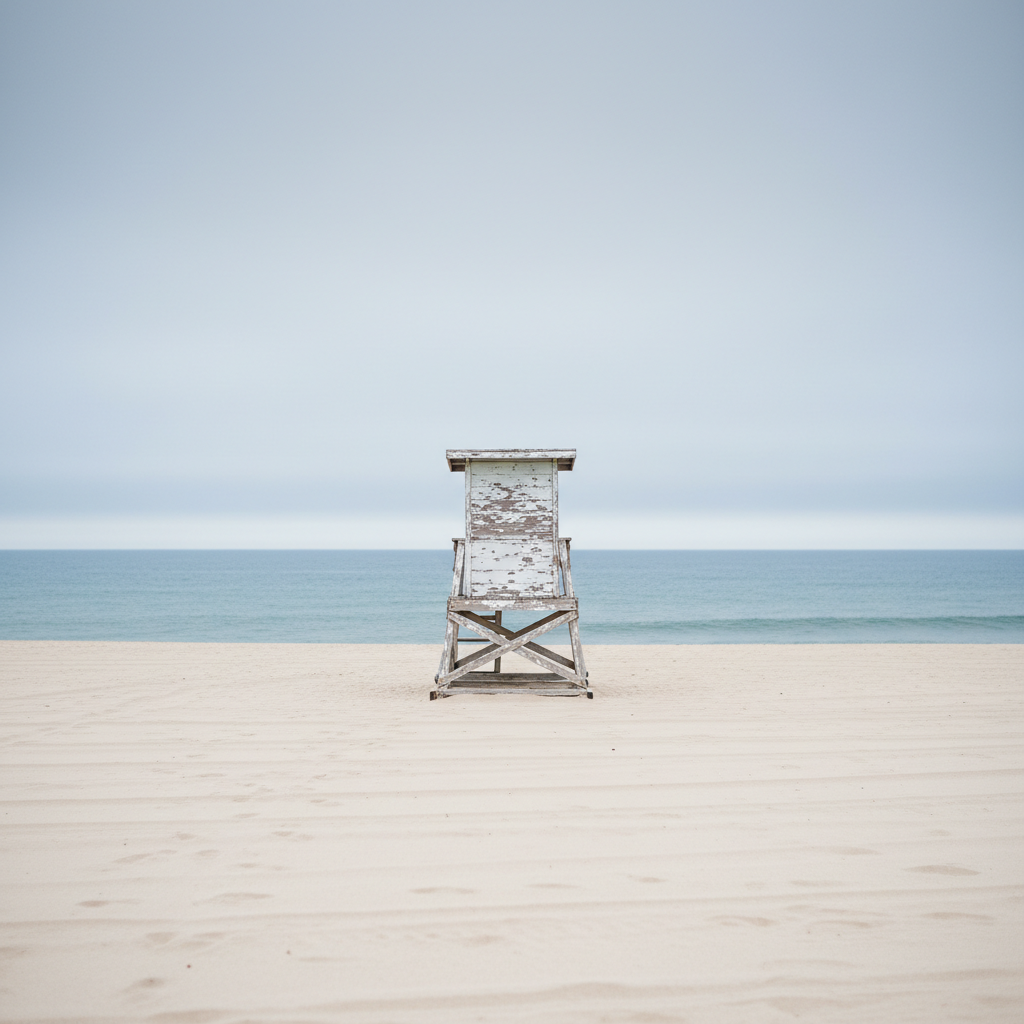 A serene Jersey Shore-inspired scene featuring a single weathered wooden lifeguard stand centered on a wide, empty stretch of pale, compact sand, with the calm ocean rendered in soft steel blue tones beyond. The horizon line is perfectly level, and the sky is overcast, creating a smooth gradient of cool grays with no harsh contrasts. Diffused coastal light evenly bathes the lifeguard stand, revealing subtle wood grain and chipped white paint, while casting minimal, soft shadows. Shot at eye level with a long lens, the composition uses the rule of thirds and a moderate depth of field, keeping both stand and horizon sharp. The atmosphere is reflective and understated, capturing the quiet off-season mood in a clean, minimalist, photographic realism style suited to thoughtful blog posts.