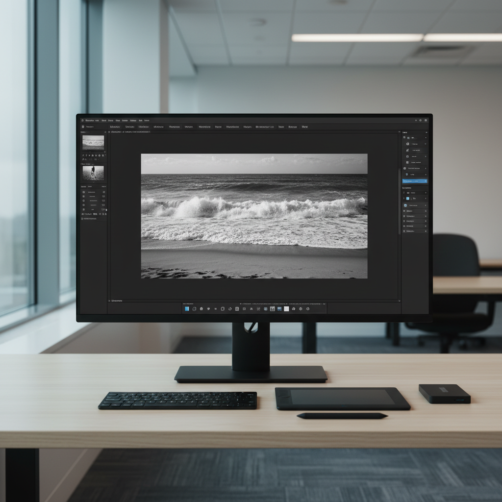 A professional desktop workspace featuring a large, color-calibrated monitor displaying a monochrome image of waves crashing along the Jersey Shore, surrounded by a dark, distraction-free interface of editing software. The monitor sits on a minimalist, matte black stand atop a pale wood desk with a slim wireless keyboard, a stylus tablet, and a high-speed external SSD lined up with geometric precision. Cool, indirect daylight from a side window combines with subtle overhead office lighting, creating even illumination with minimal glare. Shot from an eye-level angle with a slightly wide frame, the composition emphasizes symmetry and balance. The mood is focused and analytical, with neutral tones and photographic realism, conveying the technical, corporate side of professional post-processing for a photography blog.