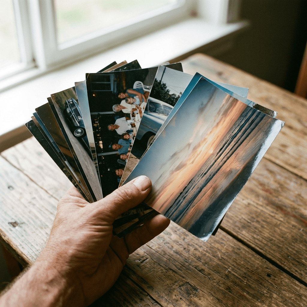 A hand holding a fanned-out stack of printed photographs over a wooden table.