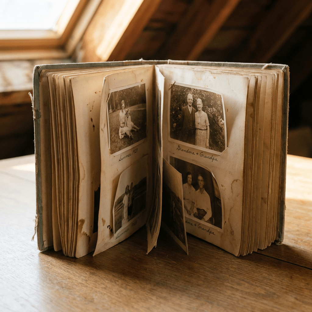 Open vintage photo album with black and white family photographs and handwritten captions.