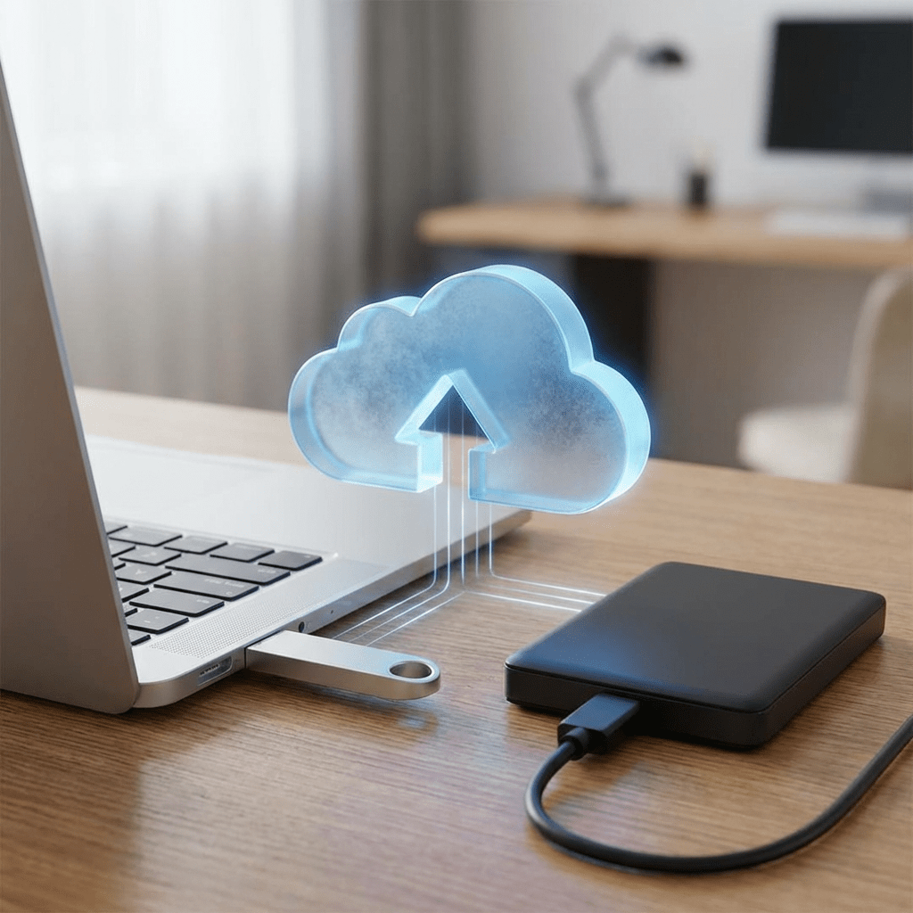 Laptop, flash drive, and hard drive connected to a glowing blue cloud storage icon.