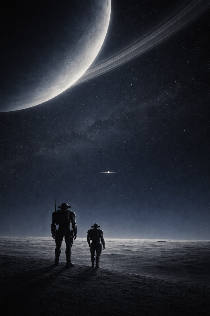 Science fiction book cover featuring a spacecraft orbiting above a barren moon with a large ringed planet behind it, representing a quiet, minimalist space setting.